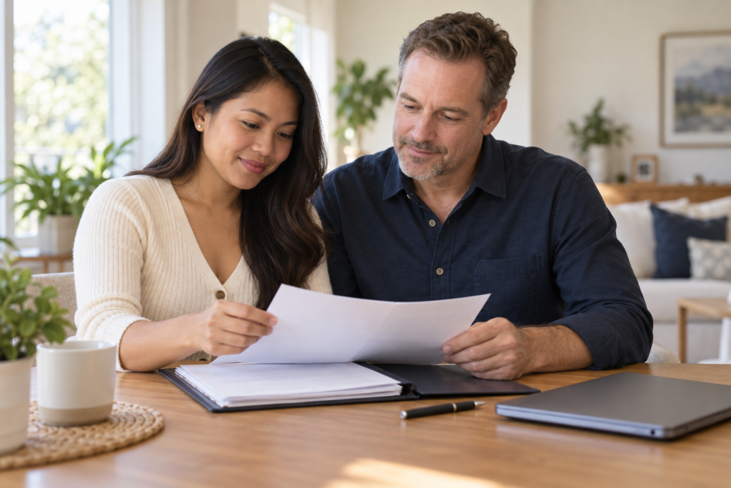 Filipina fiancée and American partner reviewing visa documents for IMBRA requirements.