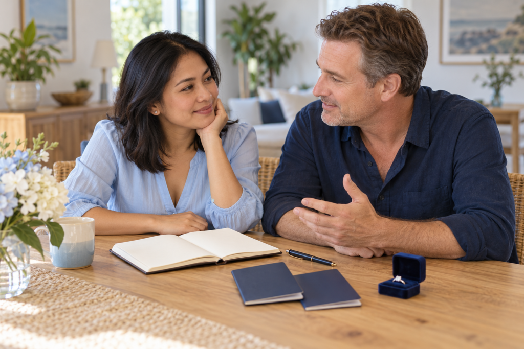 Couple discussing wedding plans and K-1 vs CR-1 visa options