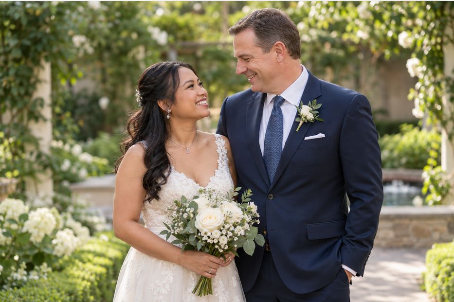 Filipina bride and American groom smiling together at an outdoor wedding.