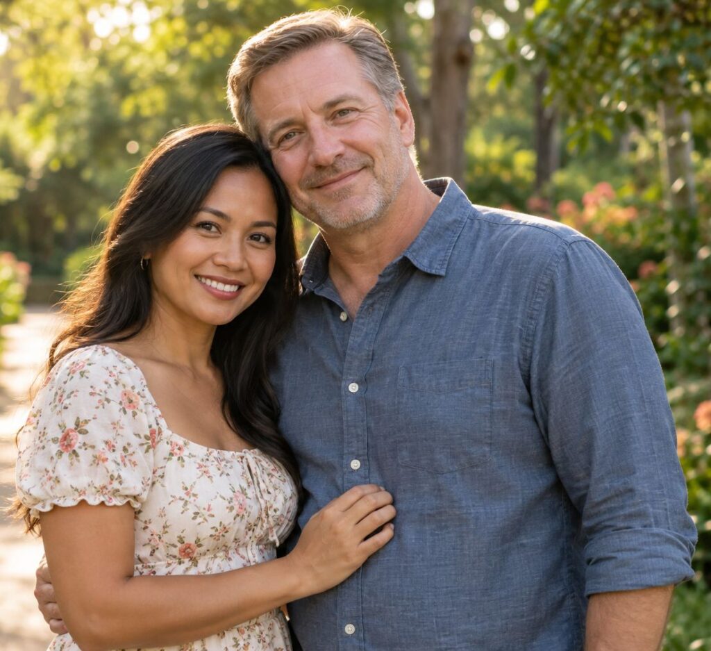 Filipina woman and her husband smiling together in a garden