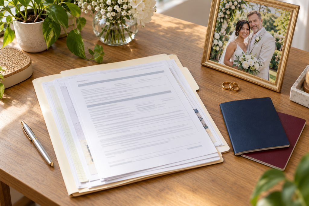 Spouse visa documents beside wedding rings and a married couple’s photograph