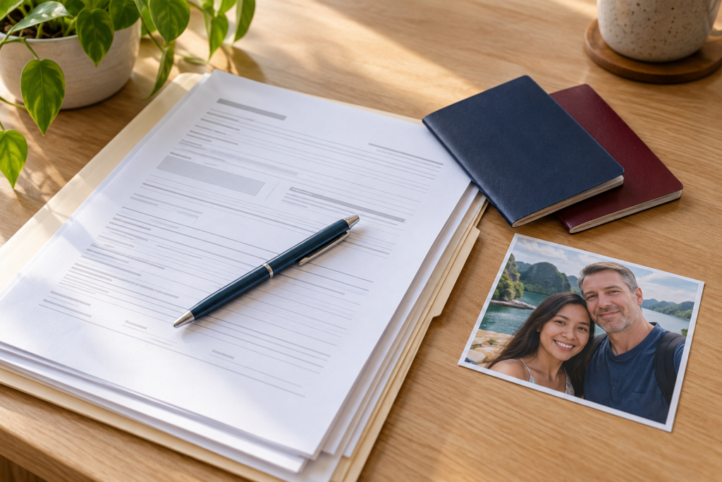 Fiance visa documents with travel booklets and a couple’s photograph